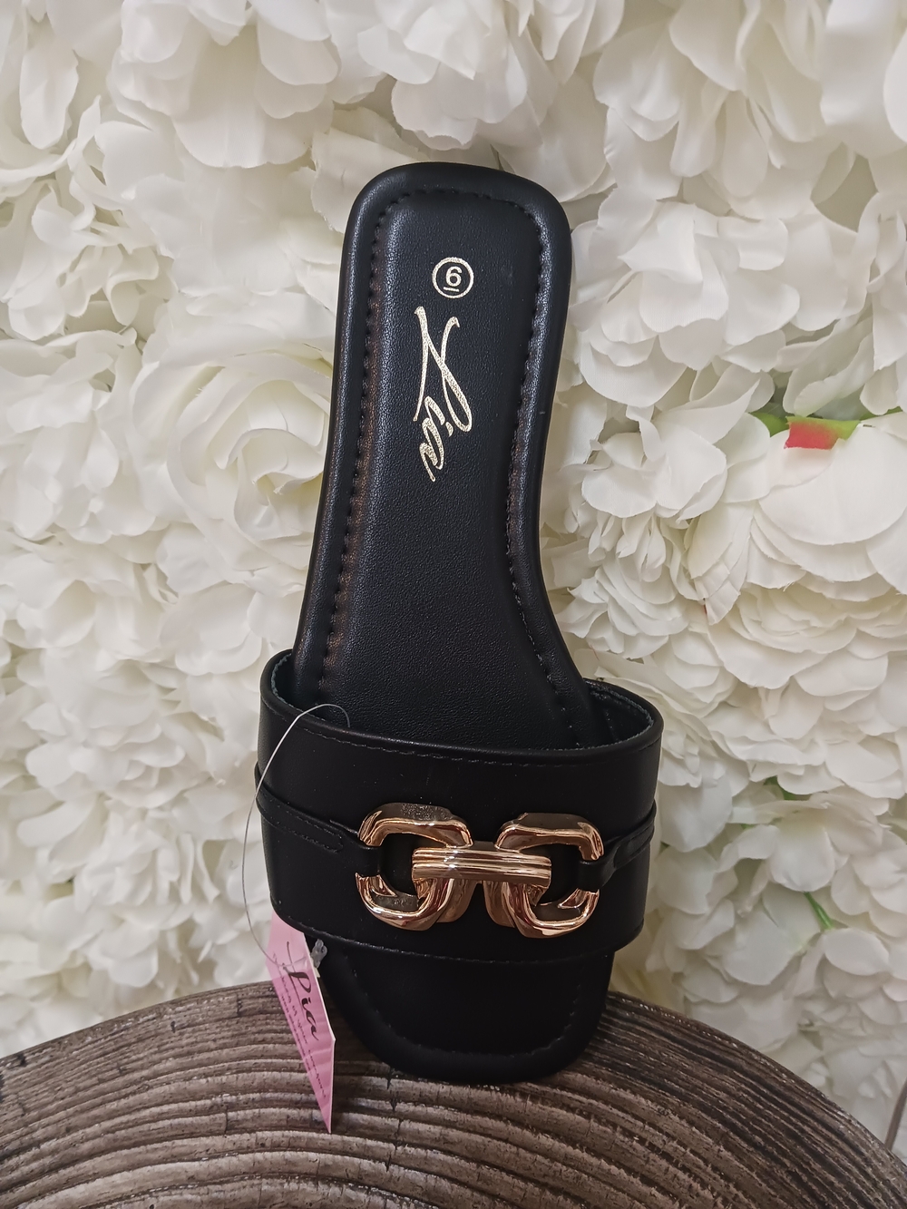 Women's Black Slide Sandal with Gold Chain Accent